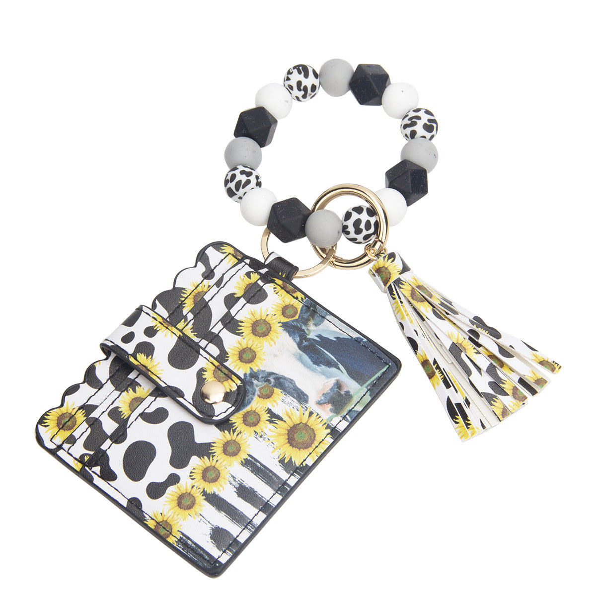 Wholesale Leopard Print Sunflower Card Holder Tassel Silicone Beaded Wrist Keychain